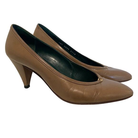 VINTAGE 80s AUTHENTIC GUCCI Closed Almond Toe Heels Brown GG Charm Size 37.5 - Picture 4 of 12